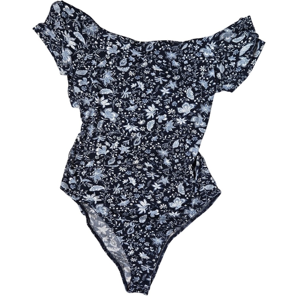 Lush Floral Off Shoulder Ruffle Bodysuit XL Blueberry Cream T13052B-047 Navy